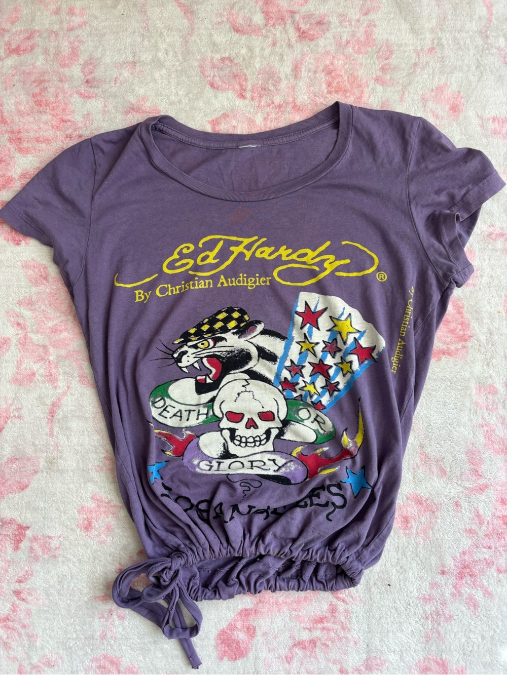 Ed Hardy purple tie grunge baby tee with graphic of a skull, tiger, and stars